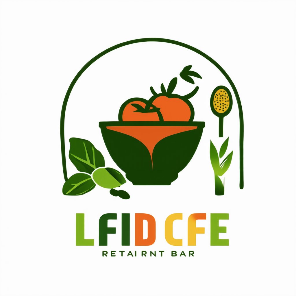 "a logo of cafe restaurant bar with the bowl of different fruits and vegetables: lettuce, tomato, pear, fork and spoon in the corner, floralwhite background, darkolivegreen, darkkhaki foreground, minimalism, modern"