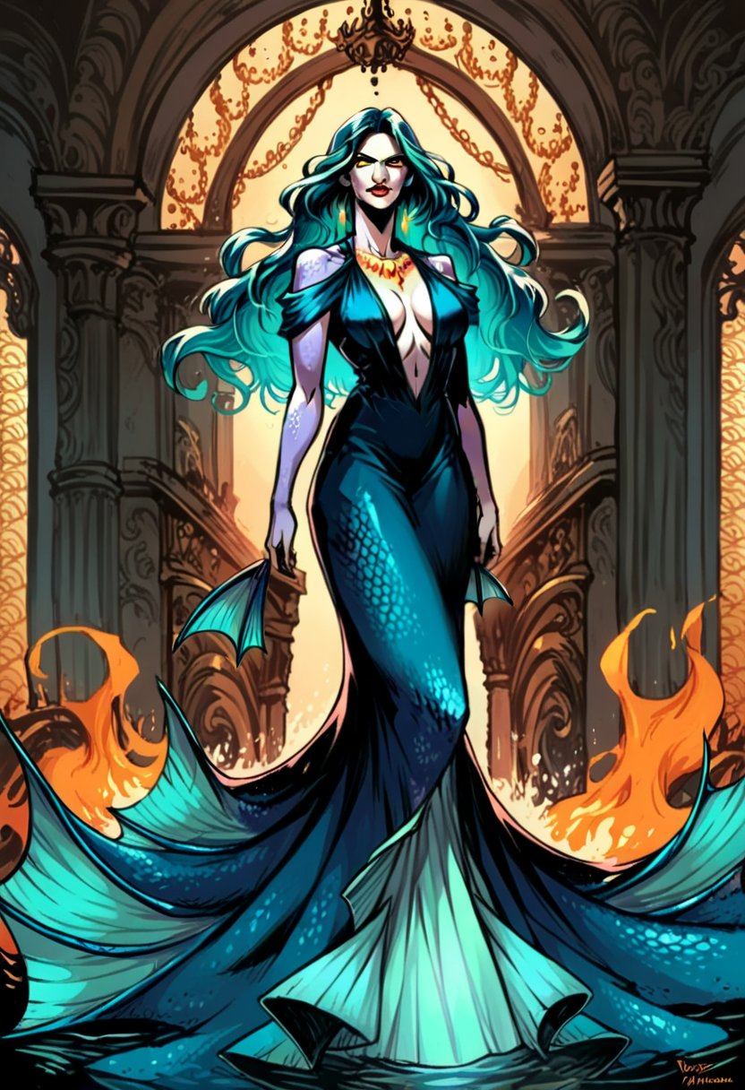 rating_safe, score_9, score_8_up, woman, human, mermaid, (mature:0.7), fiery cyan hair, golden eyes, slit pupils, lipstick, purple fish scales, fins, long legs, black backless dress, foyer, water
