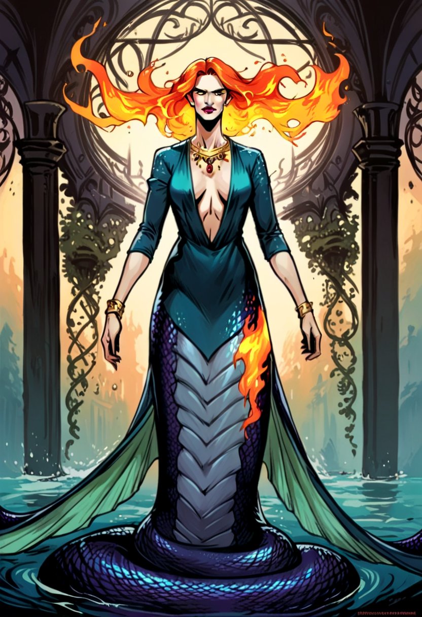 rating_safe, score_9, score_8_up, woman, human, lamia, mermaid, (mature:0.7), fiery cyan hair, golden eyes, slit pupils, lipstick, purple fish scales, fins, long legs, black backless dress, foyer, water
