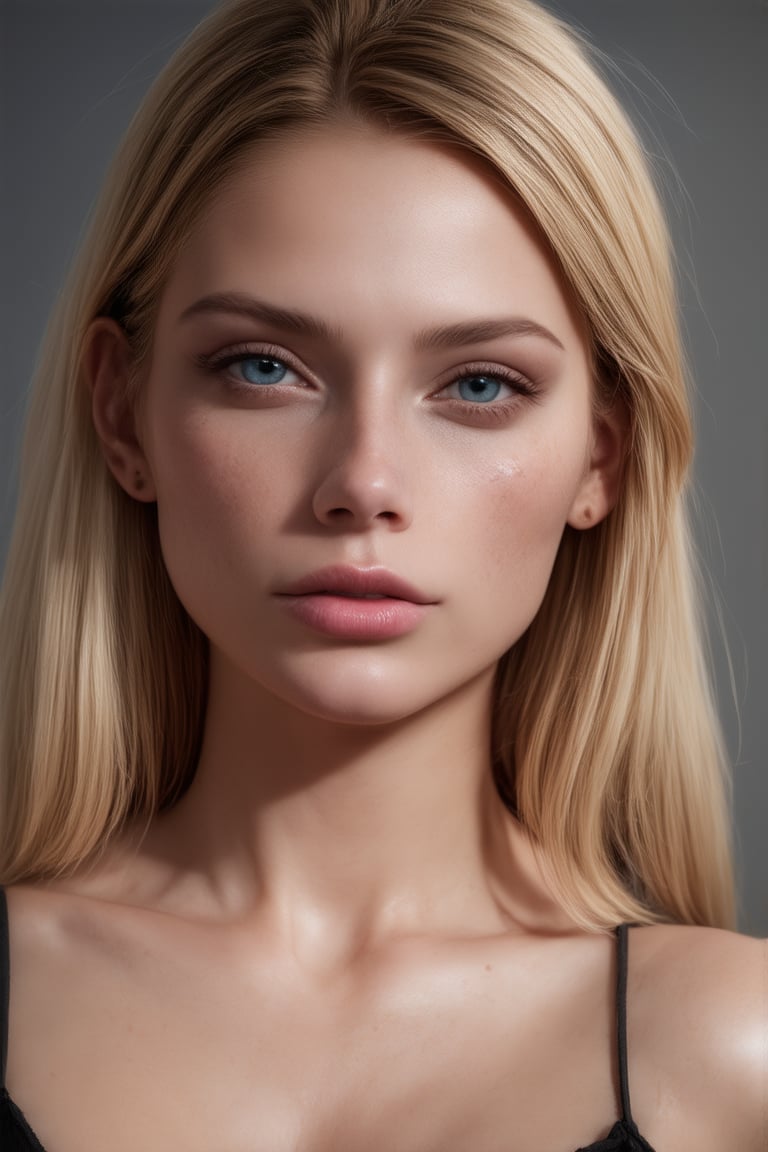 beautiful attractive woman, perfect eyes, upper body, long blonde messy hair, lips, (freckles:0.8), (blue eyes:1.4), aesthetic jawline, sharp chin, fair skin, birthmark, visible ears, wearing black dress, soft cinematic lighting, grey background, (best quality, 4K, 8K, high-resolution, masterpiece), ultra-detailed, best detailed, details, realist, best detailed, details, realist skin, skin detailed, natural skin texture, 4k textures, soft cinematic light, RAW photo, photorealism, photorealistic, intricate, elegant, highly detailed, sharp focus, ((((cinematic look)))), soothing tones, insane details, intricate details, hyper detailed, photogenicLDG