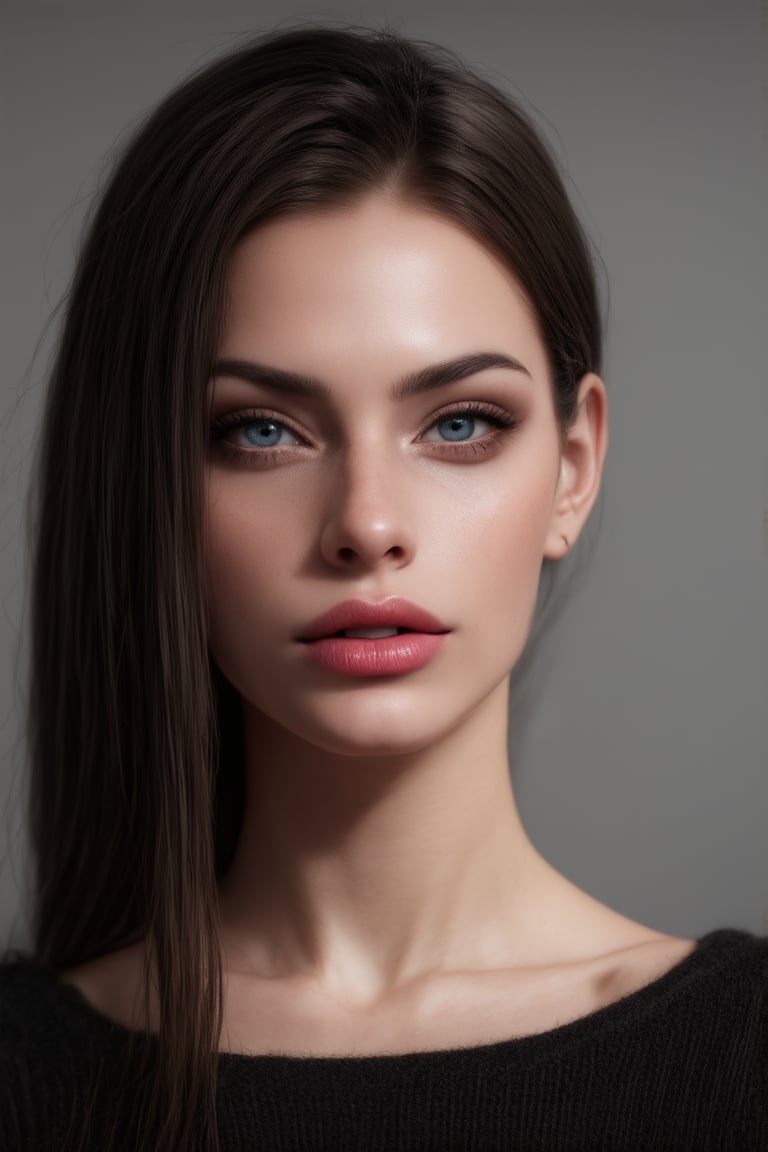 beautiful attractive woman, upper body, long black messy hair, red lips, (freckles:0.7), (blue eyes:1.4), aesthetic jawline, sharp chin, fair skin, birthmark, mole, wearing black knitted sweater, soft cinematic lighting, grey background, (best quality, 4K, 8K, high-resolution, masterpiece), ultra-detailed, best detailed, details, realist, best detailed, details, realist skin, skin detailed, natural skin texture, 4k textures, soft cinematic light, RAW photo, photorealism, photorealistic, intricate, elegant, highly detailed, sharp focus, soothing tones, insane details, intricate details, hyper detailed, photogenicLDG