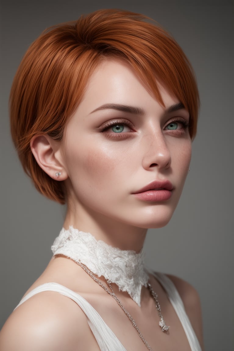 beautiful attractive woman, upper body, profile, short red messy hair, red lips, (freckles:0.7), (green eyes:1.4), aesthetic jawline, sharp nose, fair skin, birthmark, mole, wearing white long neck dress, neckpiece, jewelery, soft cinematic lighting, grey background, (best quality, 4K, 8K, high-resolution, masterpiece), ultra-detailed, best detailed, details, realist, best detailed, details, realist skin, skin detailed, natural skin texture, 4k textures, soft cinematic light, RAW photo, photorealism, photorealistic, intricate, elegant, highly detailed, sharp focus, soothing tones, insane details, intricate details, hyper detailed, photogenicLDG