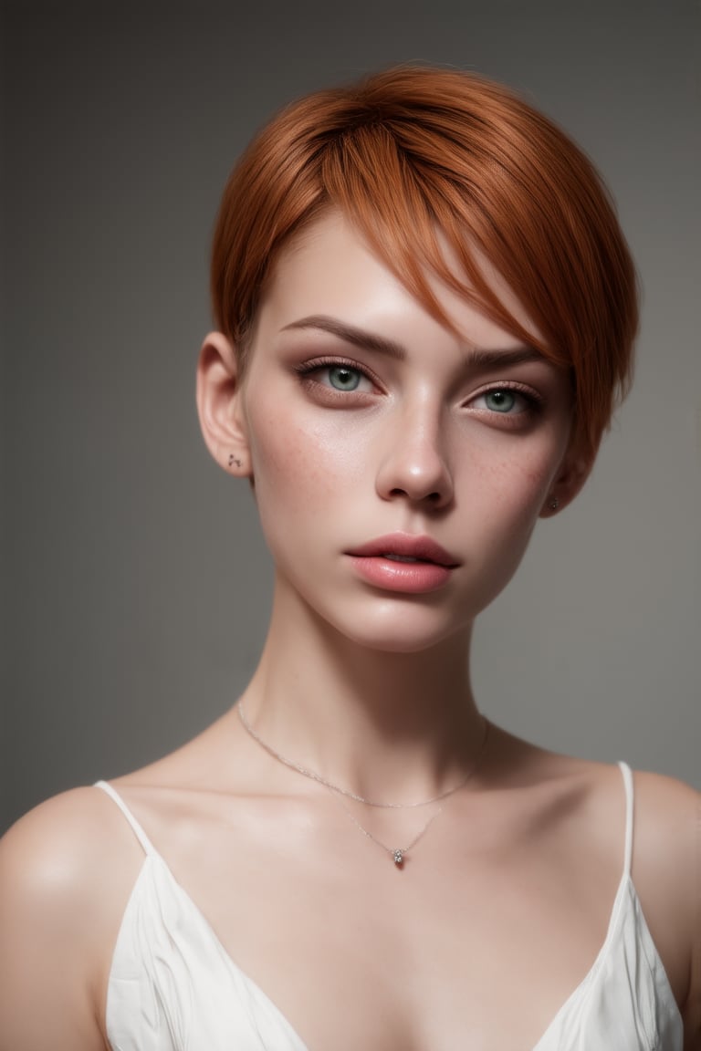 beautiful attractive woman, upper body, short red messy hair, red lips, (freckles:0.7), (green eyes:1.4), aesthetic jawline, sharp chin, sharp nose, fair skin, birthmark, mole, wearing white dress, neckpiece, jewelery, soft cinematic lighting, grey background, (best quality, 4K, 8K, high-resolution, masterpiece), ultra-detailed, best detailed, details, realist, best detailed, details, realist skin, skin detailed, natural skin texture, 4k textures, soft cinematic light, RAW photo, photorealism, photorealistic, intricate, elegant, highly detailed, sharp focus, soothing tones, insane details, intricate details, hyper detailed, photogenicLDG