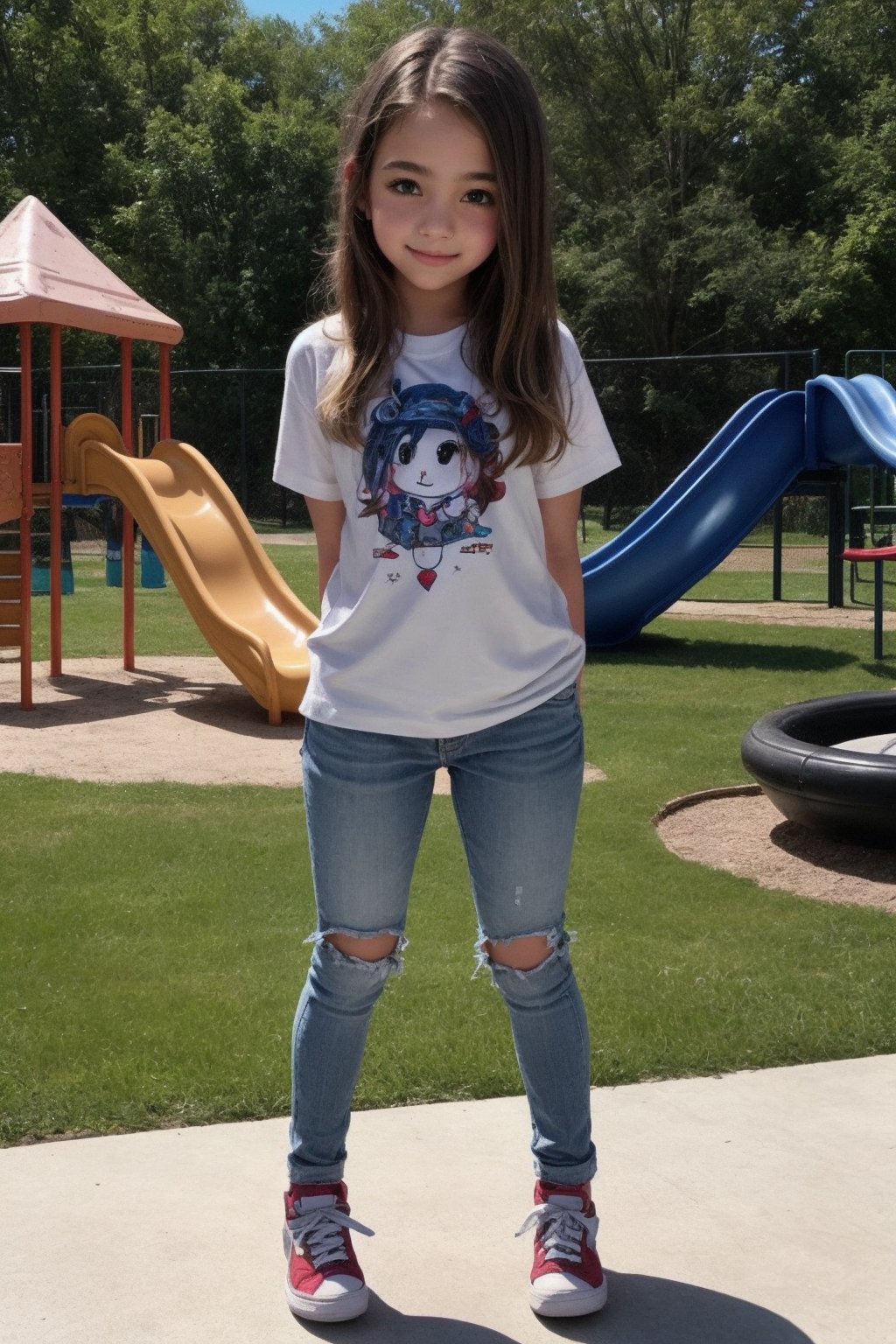 Full body view of a tween girl, childish wear, playground, alluring, voyeur view