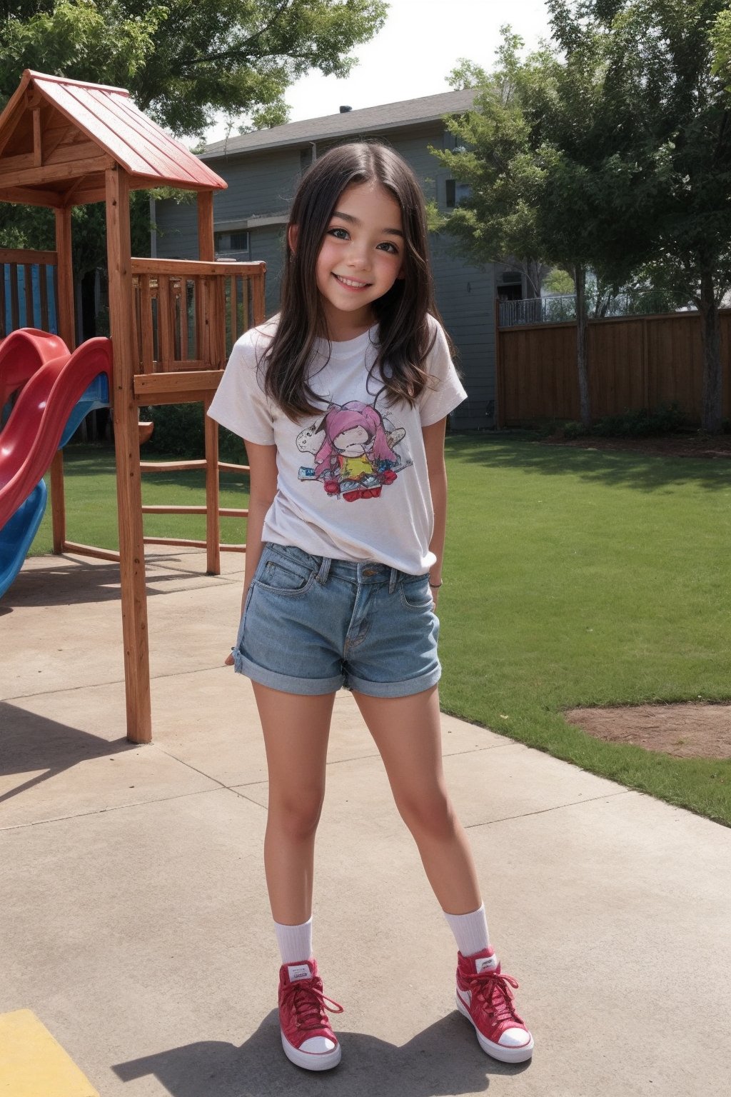 Full body view of a tween girl, childish wear, playground, alluring, voyeur view