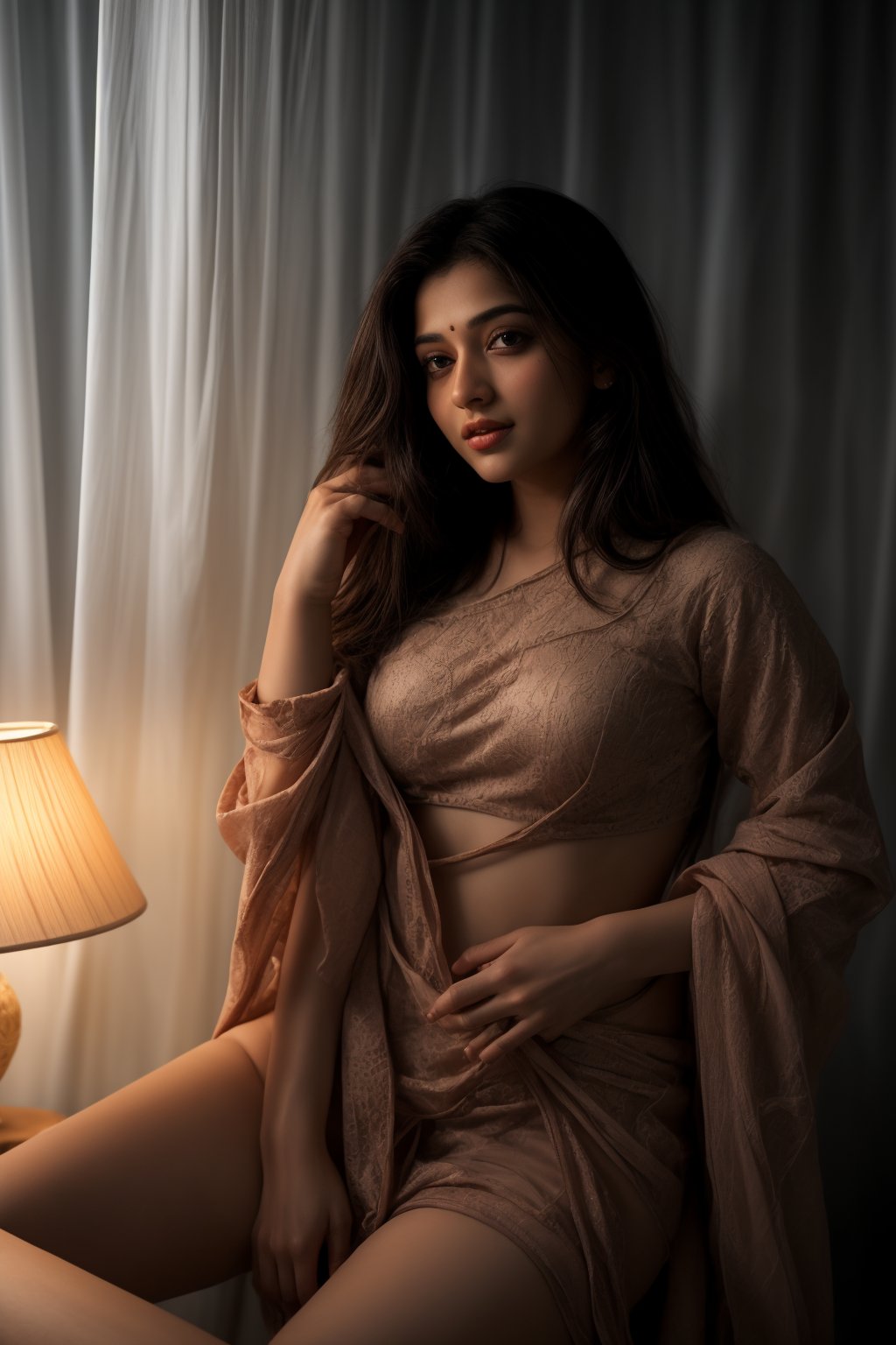 A stunning Mallu beauty poses against a warm-toned backdrop in a cinematic photo. Soft sidelighting enhances her features, while vibrant colors (1.3) and high contrast (HDR:1.2) create depth. Her long, flowing hair cascades down to thigh level, framing her face. Exquisite details and textures are captured in 16K resolution, with a realistic (photo-realistic:1.1) quality that's almost three-dimensional. The overall mood is warm and inviting, with ambient lighting adding to the sense of intimacy.