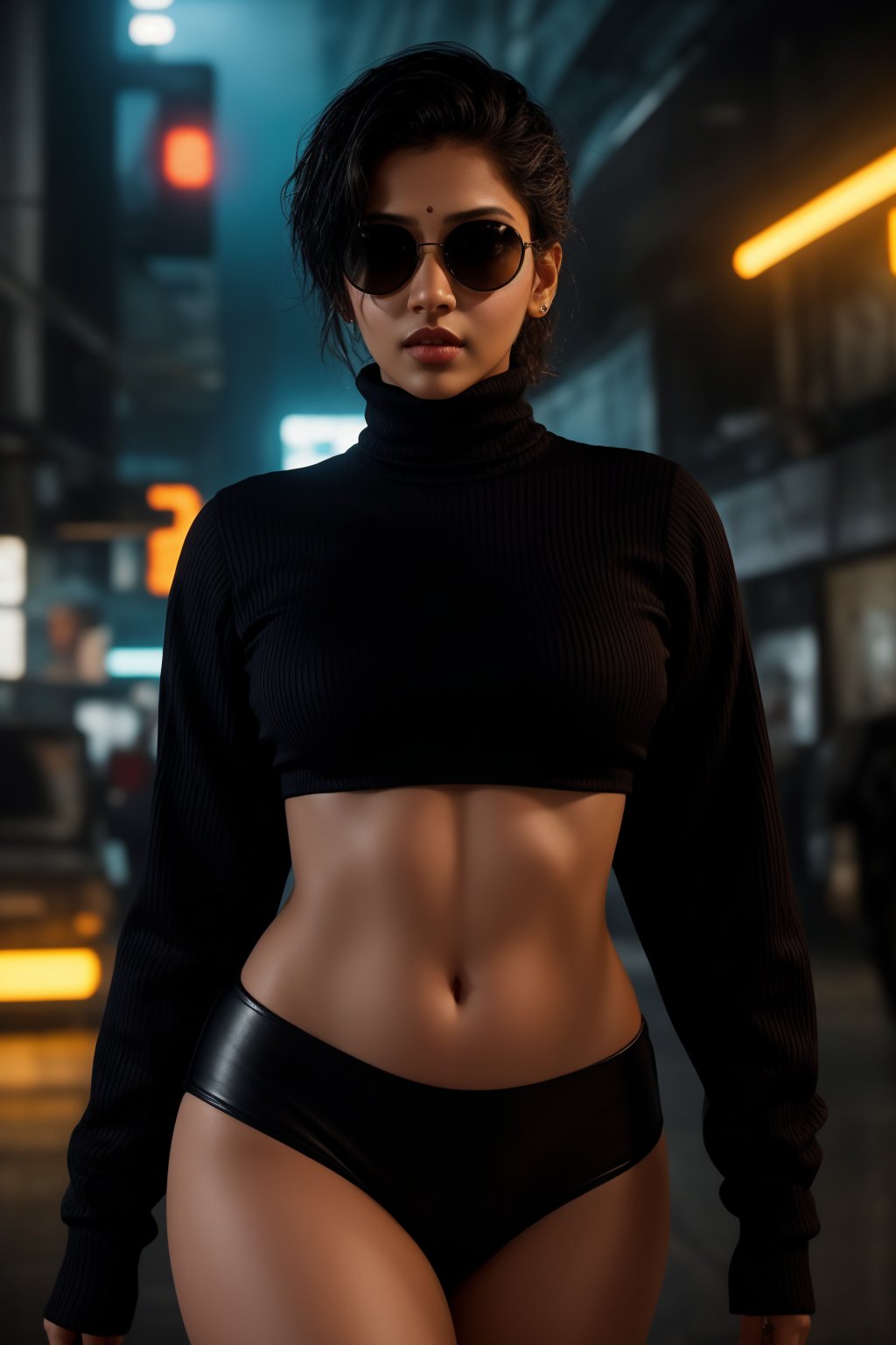 A stylish Mallu girl with a curvy, sexy figure poses confidently in a modern, non-traditional outfit adorned with traditional ornaments. She wears oversized, colorful sunglasses and a bold, patterned turtleneck that stands out against a teal and orange background, graded with cinematic color tones. The scene captures a complex, action-oriented pose reminiscent of cyberpunk themes from Blade Runner and The Matrix, set in a highly stylized, photorealistic CGI environment. The abstract, textured background adds a pop art flair with bold, vibrant colors, enhancing the modern, high-quality 32K masterpiece. Studio lighting accentuates every detail, bringing a mix of traditional elements and futuristic vibes together in this dynamic composition