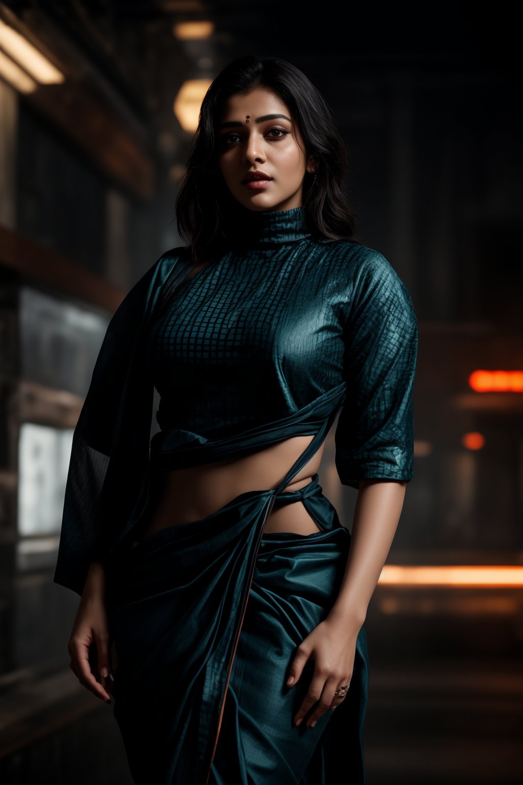 A stylish Mallu girl with a curvy, sexy figure poses confidently in a modern, non-traditional outfit adorned with traditional ornaments. She wears oversized, saree , patterned turtleneck that stands out against a teal and orange background, graded with cinematic color tones. The scene captures a complex, action-oriented pose reminiscent of cyberpunk themes from Blade Runner and The Matrix, set in a highly stylized, photorealistic CGI environment. The abstract, textured background adds a pop art flair with bold, vibrant colors, enhancing the modern, high-quality 32K masterpiece. Studio lighting accentuates every detail, bringing a mix of traditional elements and futuristic vibes together in this dynamic composition