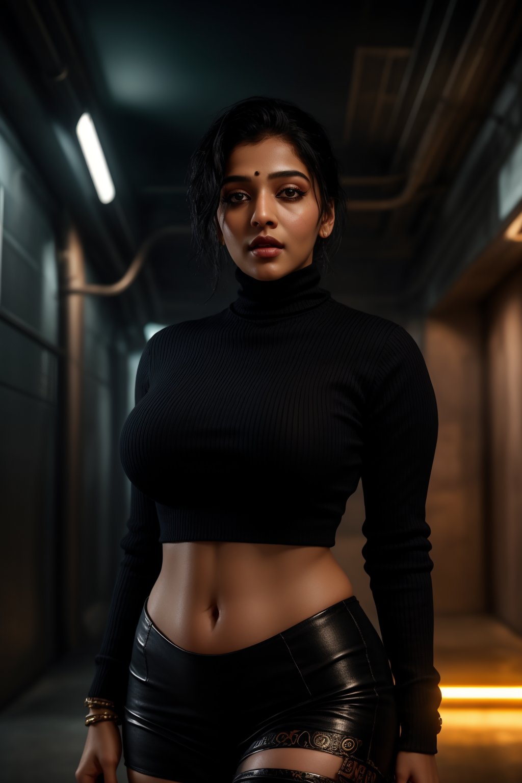 A stylish Mallu girl with a curvy, sexy figure poses confidently in a modern, non-traditional outfit adorned with traditional ornaments. She wears oversized,  patterned turtleneck that stands out against a teal and orange background, graded with cinematic color tones. The scene captures a complex, action-oriented pose reminiscent of cyberpunk themes from Blade Runner and The Matrix, set in a highly stylized, photorealistic CGI environment. The abstract, textured background adds a pop art flair with bold, vibrant colors, enhancing the modern, high-quality 32K masterpiece. Studio lighting accentuates every detail, bringing a mix of traditional elements and futuristic vibes together in this dynamic composition