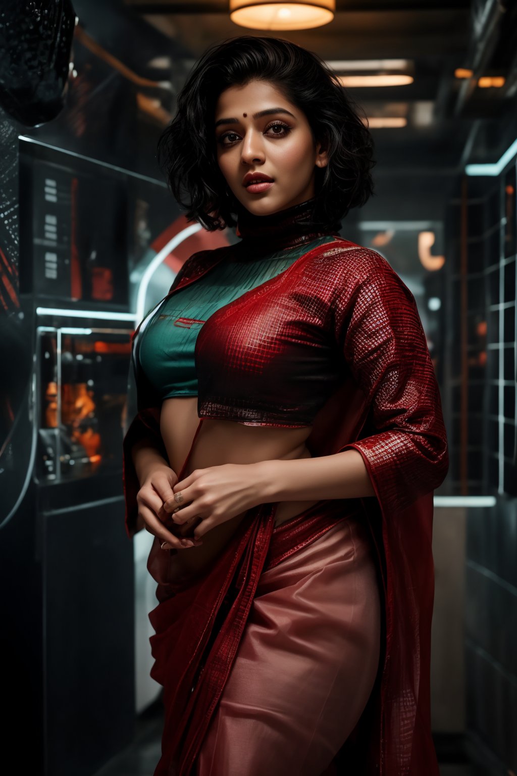 A stylish Mallu girl with a curvy, sexy figure poses confidently in a modern, non-traditional outfit adorned with traditional ornaments. She wears oversized, saree , patterned turtleneck that stands out against a teal and orange background, graded with cinematic color tones. The scene captures a complex, action-oriented pose reminiscent of cyberpunk themes from Blade Runner and The Matrix, set in a highly stylized, photorealistic CGI environment. The abstract, textured background adds a pop art flair with bold, vibrant colors, enhancing the modern, high-quality 32K masterpiece. Studio lighting accentuates every detail, bringing a mix of traditional elements and futuristic vibes together in this dynamic composition