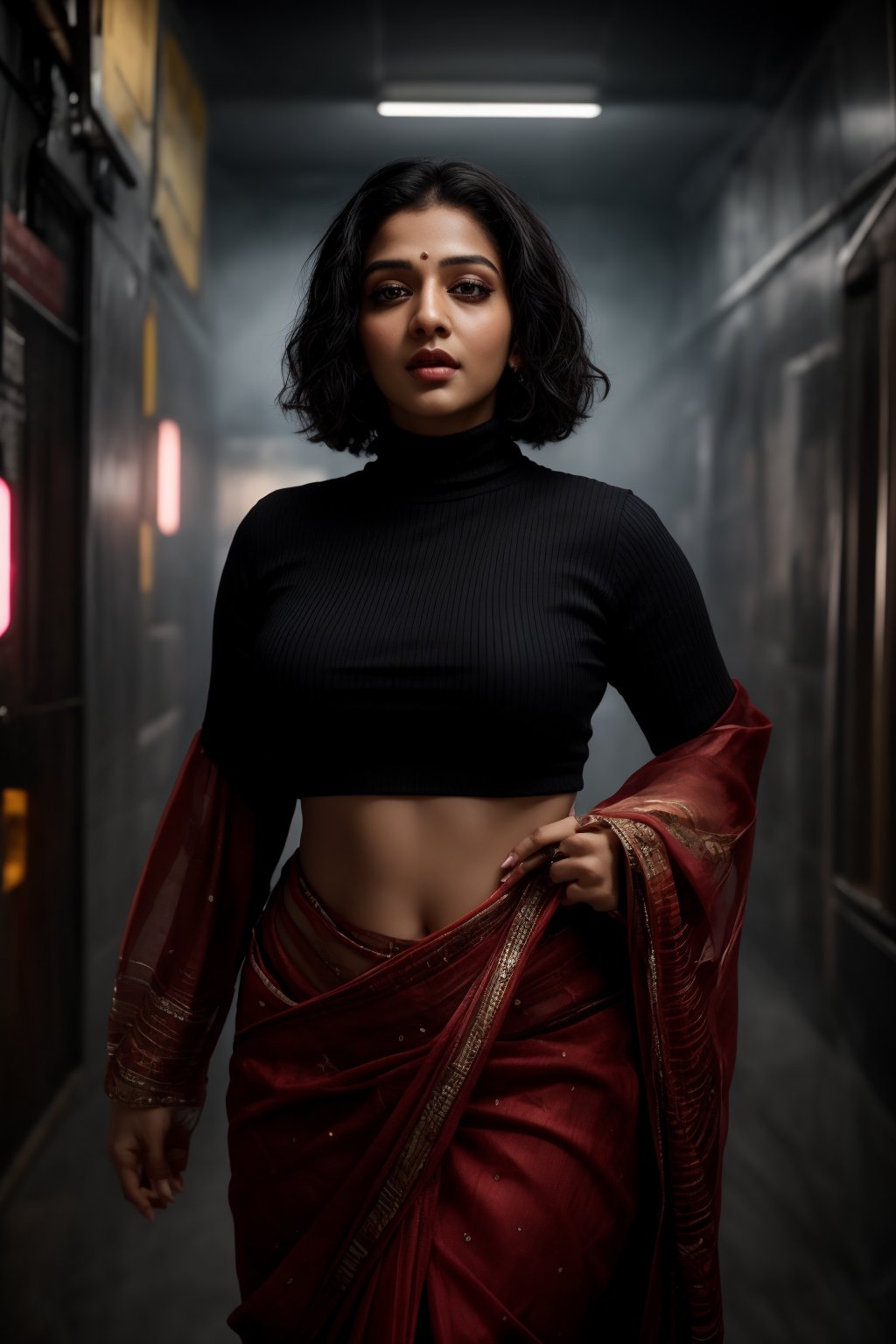 A stylish Mallu girl with a curvy, sexy figure poses confidently in a modern, non-traditional outfit adorned with traditional ornaments. She wears oversized, saree , patterned turtleneck that stands out against a teal and orange background, graded with cinematic color tones. The scene captures a complex, action-oriented pose reminiscent of cyberpunk themes from Blade Runner and The Matrix, set in a highly stylized, photorealistic CGI environment. The abstract, textured background adds a pop art flair with bold, vibrant colors, enhancing the modern, high-quality 32K masterpiece. Studio lighting accentuates every detail, bringing a mix of traditional elements and futuristic vibes together in this dynamic composition