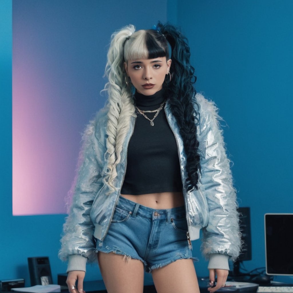 A girl standing on an office desk in a vibrant blue room, long hair, wearing a short silver jacket mega y2k and stylesh, fluffy and giant but curly pigtails, very punk with a black top under the jacket,Gothic, and powerful with a touch of extravagance,gangsta