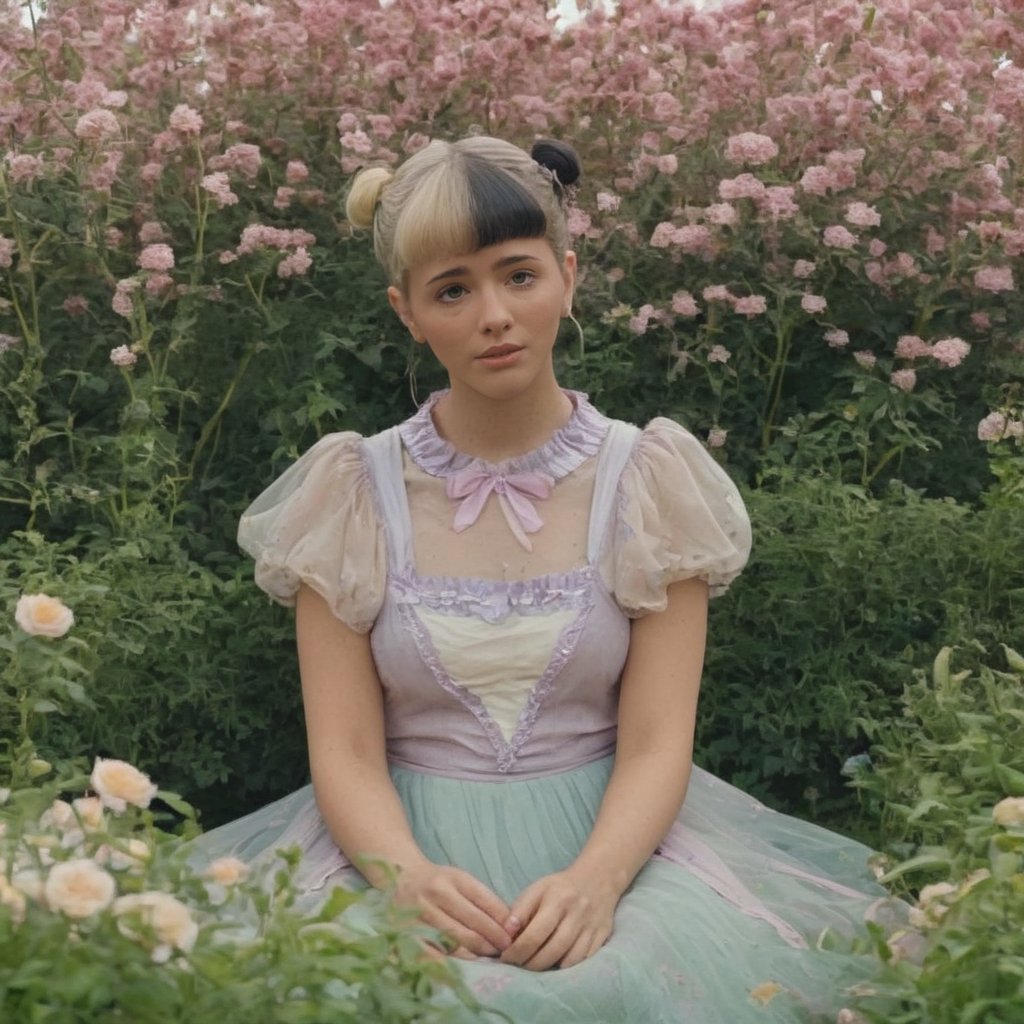 A girl sitting in a floral fantasy garden, short hair with two buns