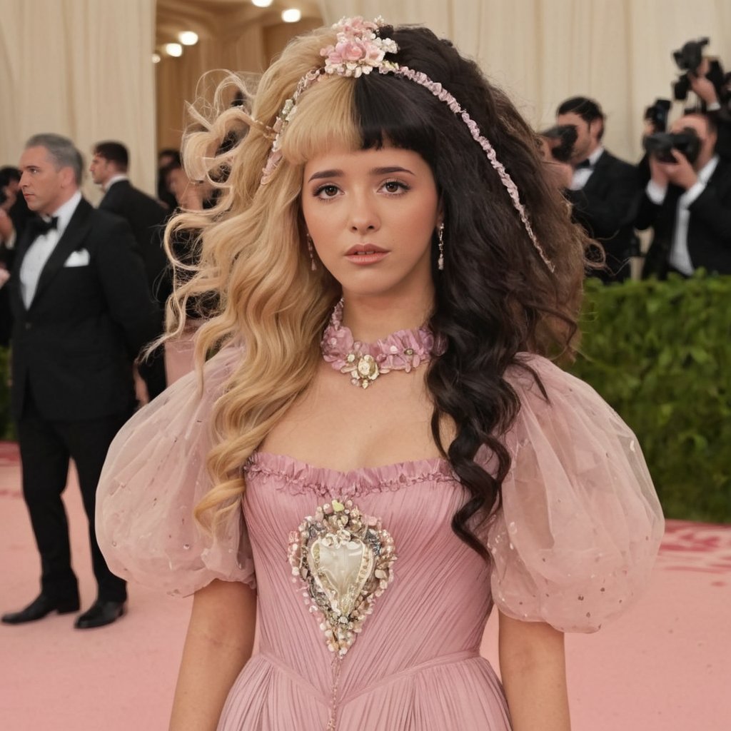 A woman with a pink long dress with victorian details, voluminios hair, in the met gala