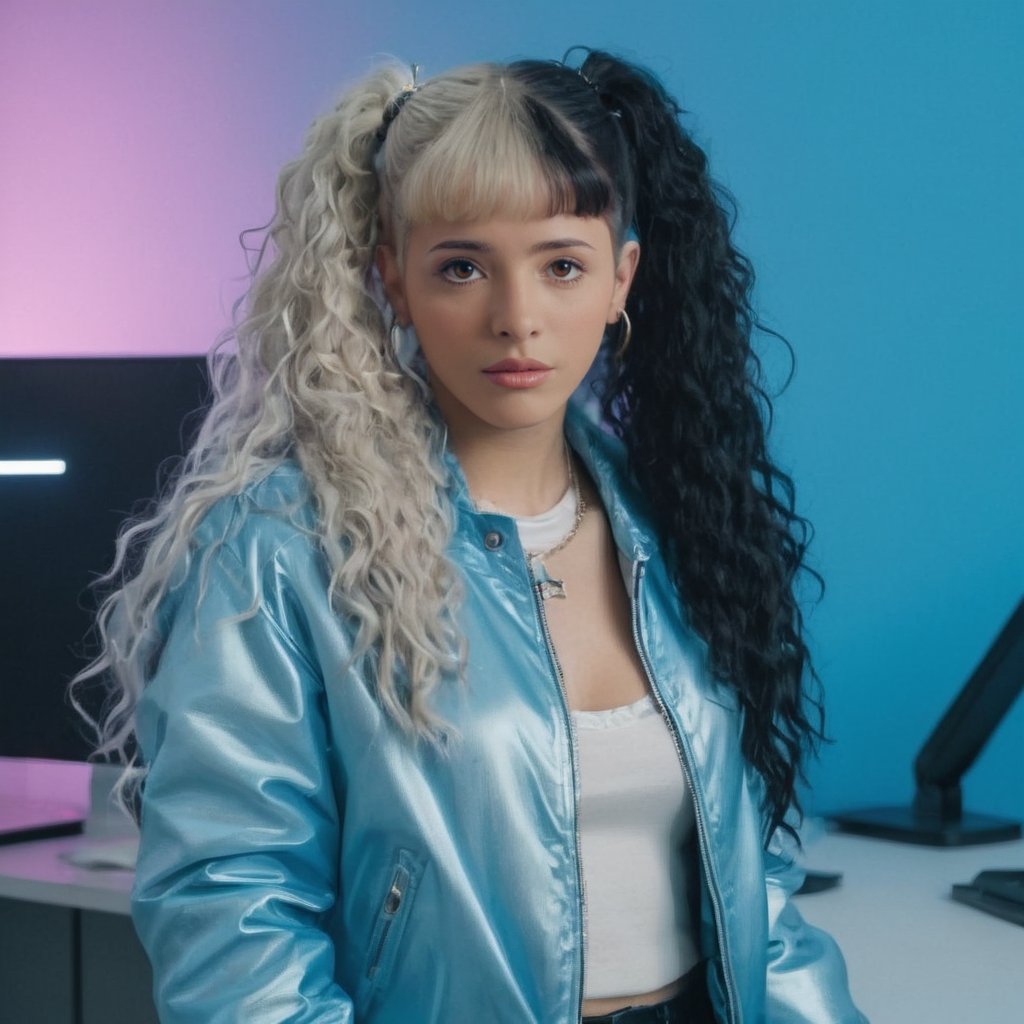 A girl standing on an office desk in a vibrant blue room, long hair, wearing a short silver jacket mega y2k and stylesh, fluffy and giant but curly pigtails, very punk with a black top under the jacket