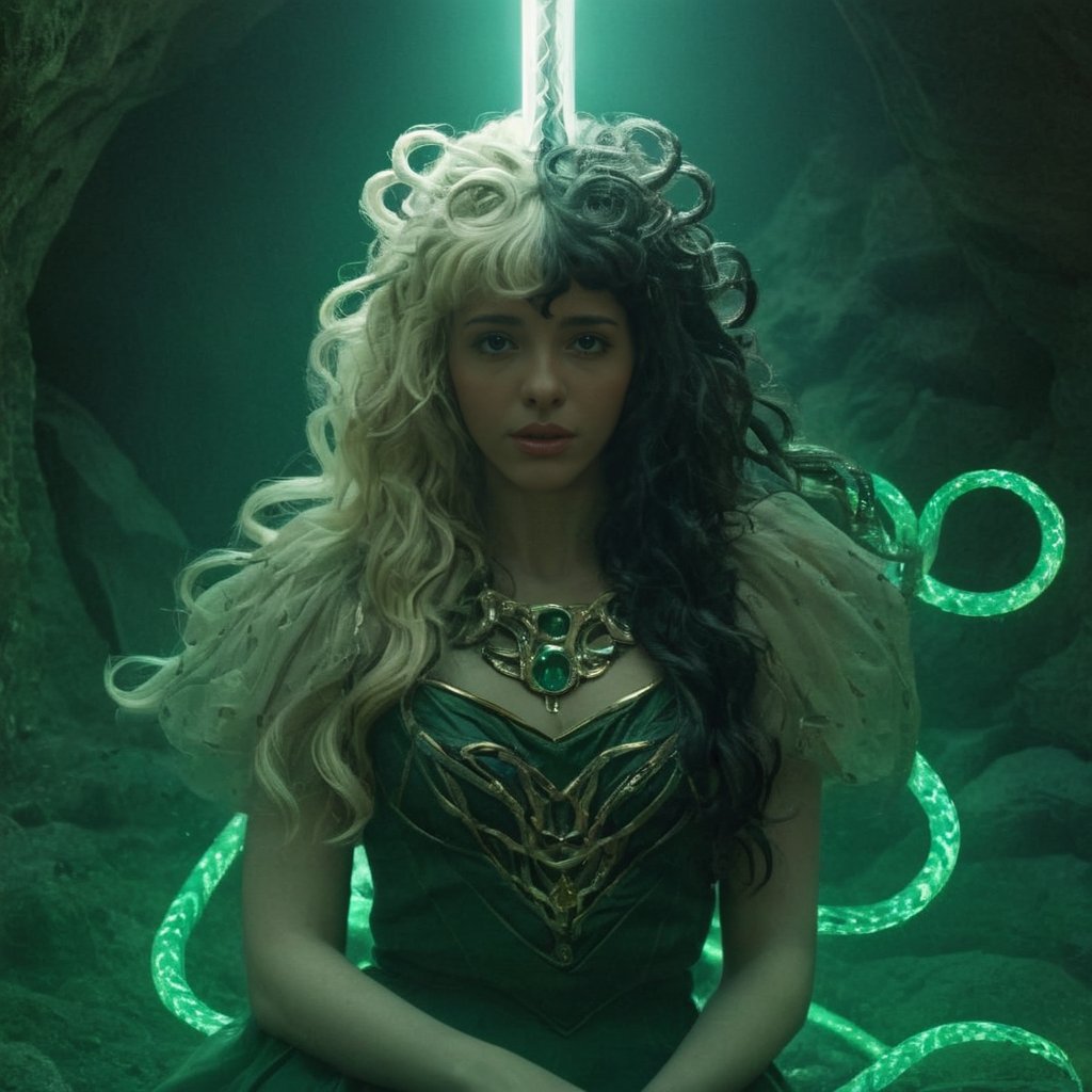 A girl, Medusa, with long snake-shaped snakes, holding a sword, mini laser beams for her eyes, sitting in a cave with emeralds that shine too much,