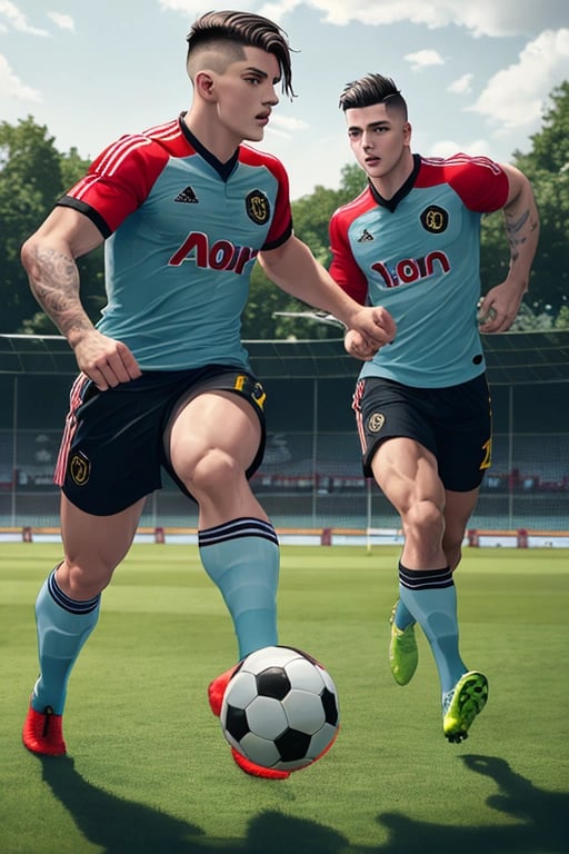 RAW photo, (dynamic), action, 2boys, handsome muscular men, (soccer kit), sports socks, thirst trap, undercut hair, (Mancunian park background), (cloudy:0.5), soft lighting, skin imperfections, intricate detail, 8k, octane, (GS-Masculine:0.3), 