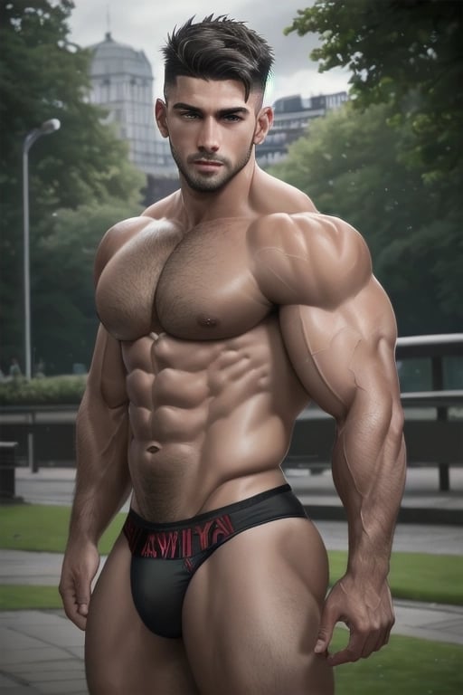 RAW photo, (dynamic), action, 1man, handsome man,30 year old, muscular men, tanned,(bodybuilder kit),(male thong),bulge, thirst trap, undercut hair, (Mancunian park background), (cloudy:0.5), soft lighting, skin imperfections, intricate detail, 8k, octane, (GS-Masculine:0.3),( portrait),(realistic)