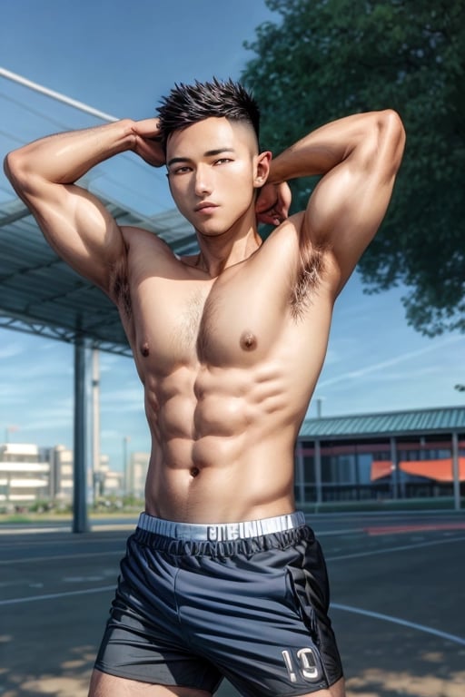 ((masterpiece)), ((best quality:1.2)), high resolution, shot by canon DSLR, lens 50mm, 8K UHD, <lora:add_detail:1.25>, handsome face, perfect, masculine, male, muscular, good anatomy, (sharp focus), syahnk,eye view viewer, as ( a football model in a city park with hairy armpits and has a bulging shorts)