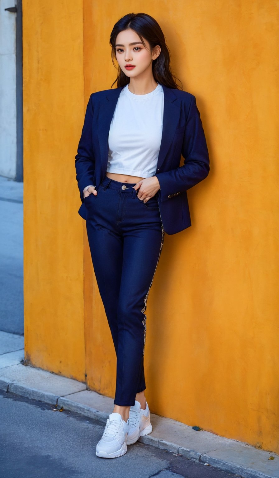 1girl, solo, long hair, shirt, black hair, long sleeves, standing, jacket, full body, white shirt, female focus, open clothes, shoes, pants, black jacket, phone, black pants, white footwear, sneakers, cigarette, hand in pocket, smoking