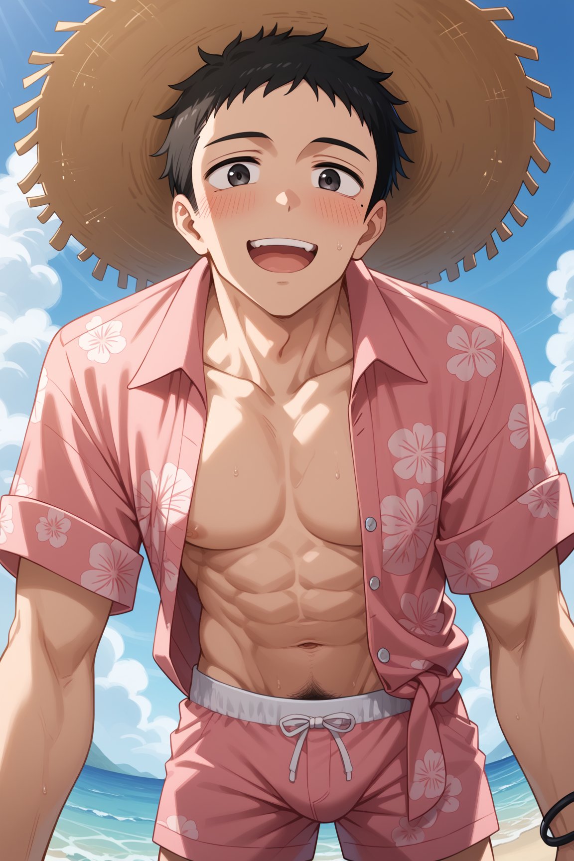 Prompt: Prompt: score_8_up, score_7_up, Expressiveh, masterpiece, best quality, best aesthetics, perfect anatomy, perfect proportions, high resolution, good colors, bright skin, good shading, good eyes, countershading, well detailed background, BREAK, male focus, 1boy, wakana_gojou, black hair, black eyes, mole under eye, BREAK, 1boy, hat, viewed from below, open mouth, outdoors, pink shorts, hawaiian shirt smile, open shirt, looking at viewer, navel, day, blue shorts, :d, straw hat, male pubic hair, toned male, leaning forward, ocean, leather bracelet, blush, sky, cowboy shot, 