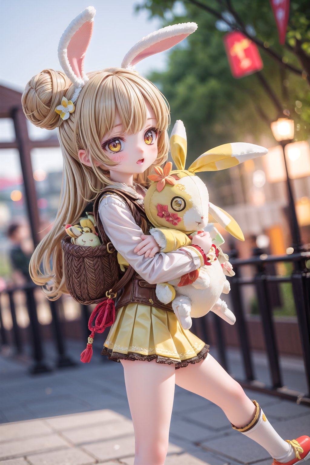 Yaoyao_Impact, full_body, blurry_background, loli, hug stuffed rabbit with 2 hands, outdoor, yellow rabbit, 1girl, solo_female, Yaoyao Style,