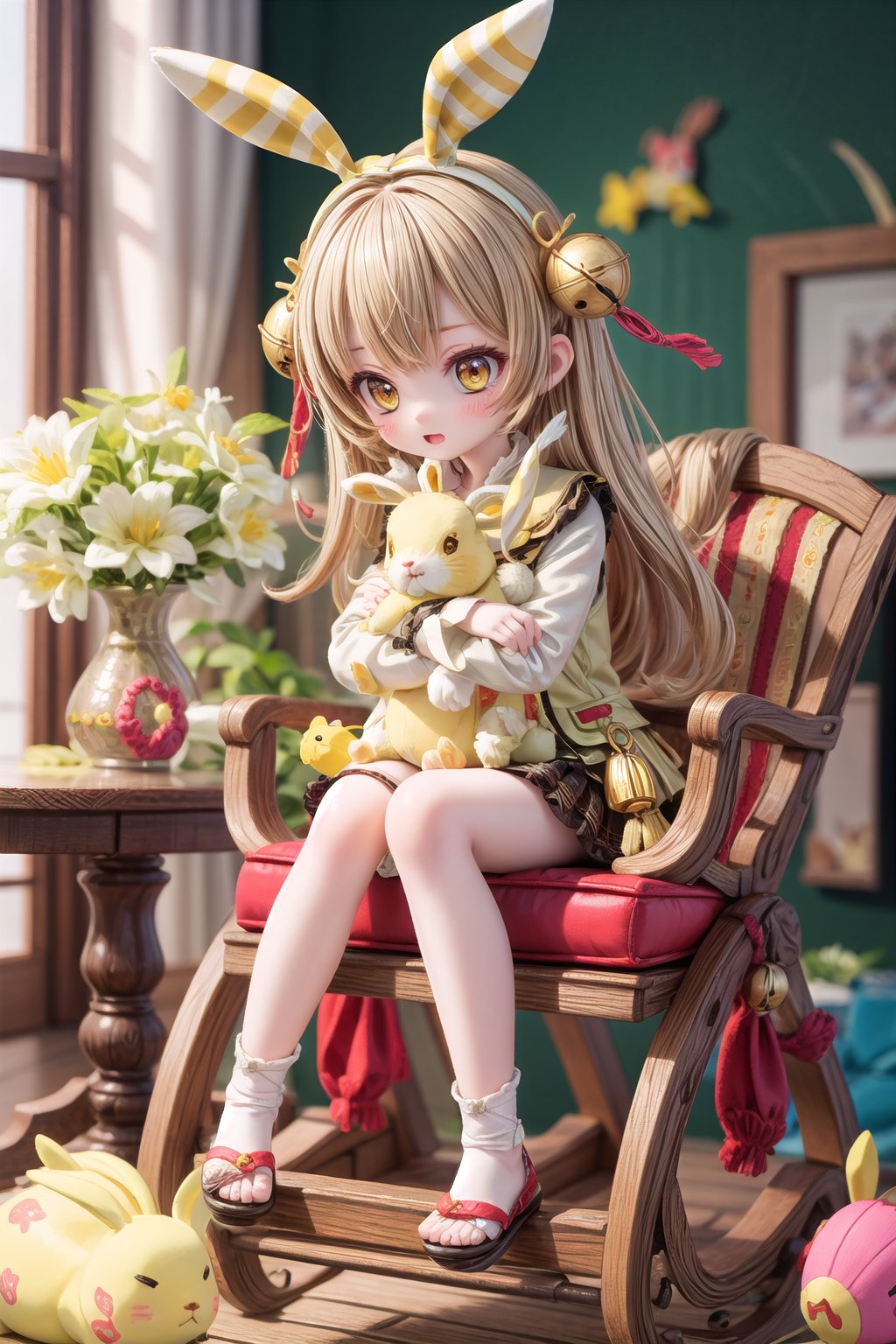 Yaoyao_Impact, full_body, blurry_background, loli, hug stuffed rabbit with 2 hands, outdoor, yellow rabbit, 1girl, solo_female, Yaoyao Style, sleigh bell,