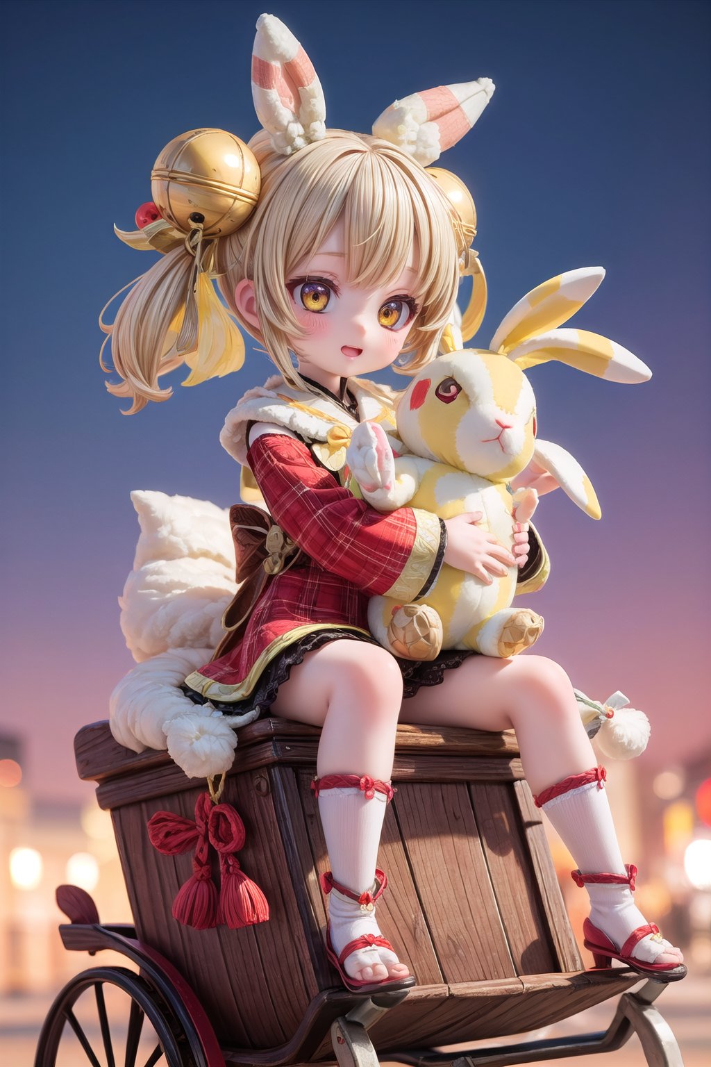 Yaoyao_Impact, full_body, blurry_background, loli, hug stuffed rabbit with 2 hands, outdoor, yellow rabbit, 1girl, solo_female, Yaoyao Style, sleigh bell,