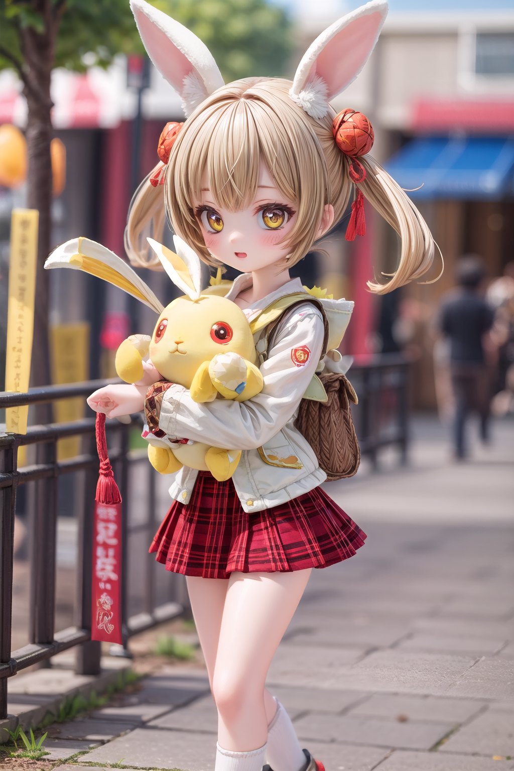 Yaoyao_Impact, full_body, blurry_background, loli, hug stuffed rabbit with 2 hands, outdoor, yellow rabbit, 1girl, solo_female, dynamic pose, holding,