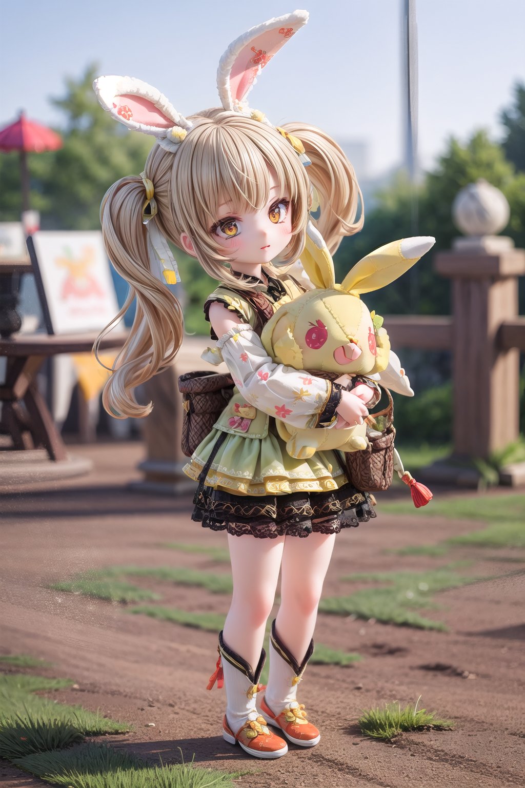 Yaoyao_Impact, full_body, blurry_background, loli, hug stuffed rabbit with 2 hands, outdoor, yellow rabbit, 1girl, solo_female,