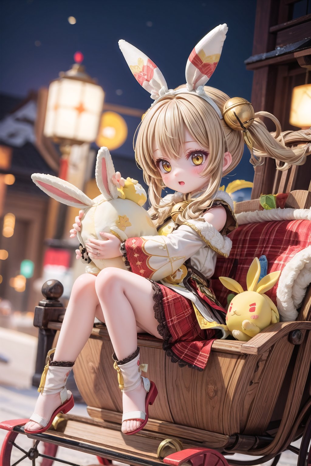 Yaoyao_Impact, full_body, blurry_background, loli, hug stuffed rabbit with 2 hands, outdoor, yellow rabbit, 1girl, solo_female, sleigh bell, dynamic pose,