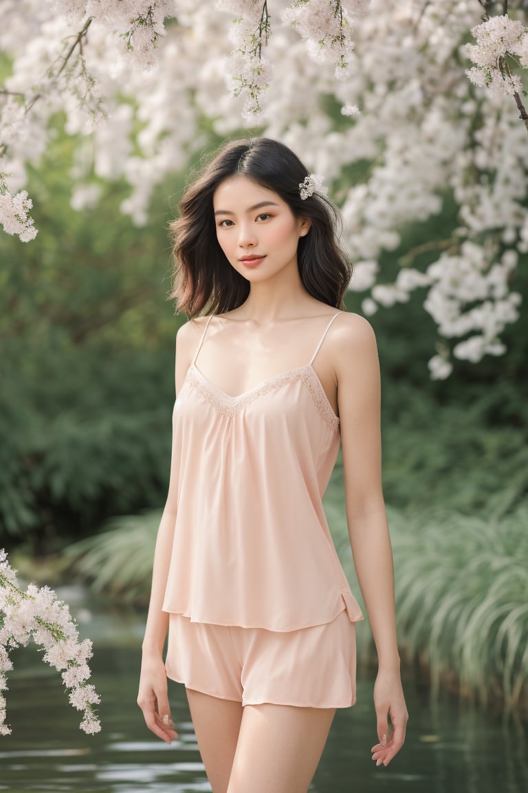 Capture an ethereal and delicate portrait of a woman inspired by Thuy Kieu, in a tranquil outdoor setting during the early morning light. The scene is bathed in soft, natural light that highlights the pure and serene beauty of the subject. She is adorned in a peach blossom-colored camisole (La Camisole), standing amidst a lush garden, surrounded by fresh, dewy flowers and a graceful willow tree. The leaves of the willow are a gentle green, swaying slightly in the breeze, adding a sense of movement to the scene. Her eyes, as clear as autumn water, sparkle with intelligence and calmness. Her finely arched eyebrows, reminiscent of spring mountains, perfectly complement her serene expression. The 35mm film grain effect adds a touch of nostalgic realism to the scene, while the soft lighting effects on her face and body create a luminescent glow that enhances her elegance. The 50mm lens captures her with a crisp focus, while the background flowers and willow subtly blur, creating a soft, pastel-hued environment. The overall color palette is clean and bright, with hints of soft blues, greens, and whites, with the soft pink of the camisole as the focal point, evoking a sense of purity and grace. The image should convey her timeless beauty, with nature's elements harmonizing to reflect her inner and outer elegance.