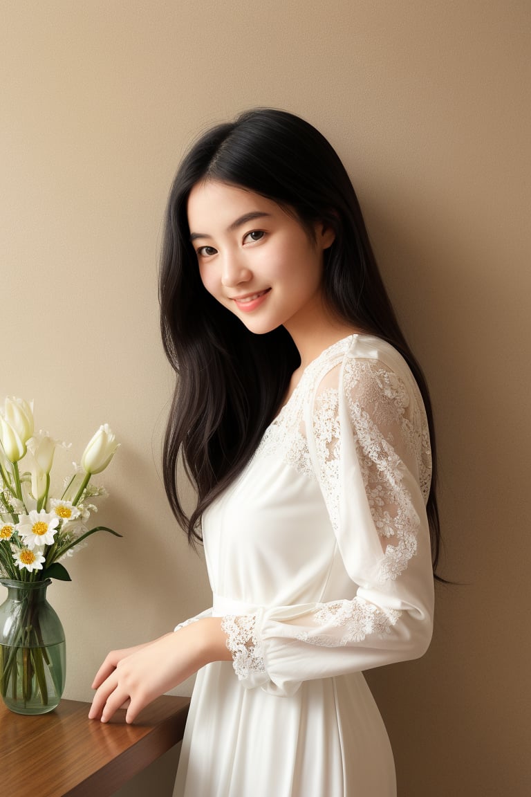 A young woman, charming, attractive face, shown in upper body view, wearing a white lace dress with puffed sleeves, modern fashion. Her long, dark hair flows freely. She is in a slightly bowed posture, with a flower vase on the table in front of her. The composition of the young woman and the flower vase follows the golden ratio, creating a visually pleasing arrangement. The soft lighting is sufficient to clearly see the woman's face, which has a serene, gentle smile. A soft shadow is cast on the wall behind her.