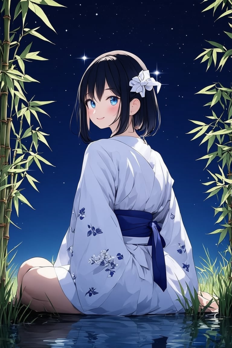 In a serene night scene, a woman sits solo, looking back at the viewer with a blushing smile. Her blue eyes sparkle as her bangs frame her face, adorned with a hair accessory. Long sleeves and a ribbon accentuate her kimono, patterned with yukata designs. Bamboo leaves and grass surround her, leading to the tranquil water's edge. The night sky above is a deep shade of indigo, with stars twinkling like diamonds in a starry Milky Way. From behind, the obi wraps around her waist, adding an air of mystique to this masterpiece.,flat,anime style,anime girl