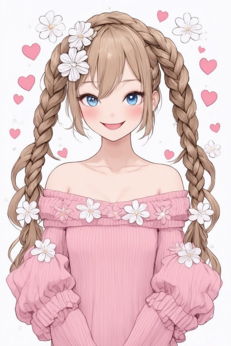 1 girl, solo, long hair, blushing, smiling, bangs, simple background, hair accessory, blue eyes, long sleeves, white background, hair between eyes, twin tails, mouth closed, upper body, braids, flower, flower in hair, twin braids, sweater, sleeves to wrists, (hearts, sparkles: 1.4), low twin tails,, white flowers, :q, (floral background: 1.4), ruffles, pink off-shoulder dress, ((chibi character)),flat,anime girl