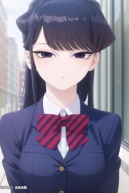 ((masterpiece)),(best quality),official art,extremely delicate and beautiful,extremely detailed CG,unity 8k wallpaper,ultra detailed,beautiful detailed eyes,extremely detailed face,outdoors,1girl,solo,upper body,(portrait:1.5),looking at viewer,facing viewer,expressionless,Komi Shouko,long hair,black hair,sidelocks,swept bangs,black eyes,school uniform,blue jacket,blazer,collared shirt,white shirt,red bowtie,striped bowtie,diagonal-striped bow,medium breasts,skindentation,long sleeves,red skirt,pleated skirt,striped skirt,black pantyhose,loafers,<lora:Komi Shouko(kcc):1.8>,