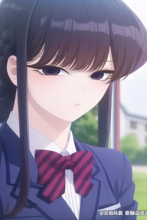 ((masterpiece)),(best quality),official art,extremely delicate and beautiful,extremely detailed CG,unity 8k wallpaper,ultra detailed,beautiful detailed eyes,extremely detailed face,outdoors,1girl,solo,upper body,(portrait:1.5),looking at viewer,facing viewer,expressionless,Komi Shouko,long hair,black hair,sidelocks,swept bangs,black eyes,school uniform,blue jacket,blazer,collared shirt,white shirt,red bowtie,striped bowtie,diagonal-striped bow,medium breasts,skindentation,long sleeves,red skirt,pleated skirt,striped skirt,black pantyhose,loafers,<lora:Komi Shouko(kcc):2>,