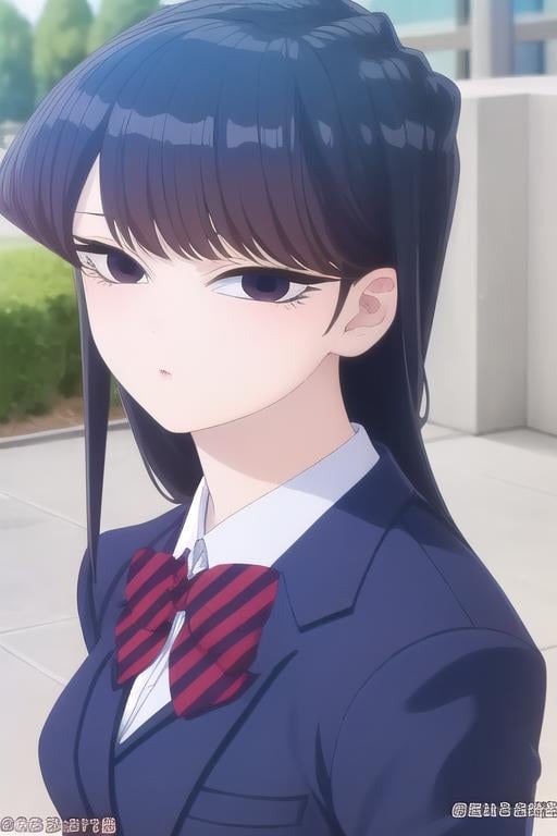 ((masterpiece)),(best quality),official art,extremely delicate and beautiful,extremely detailed CG,unity 8k wallpaper,ultra detailed,beautiful detailed eyes,extremely detailed face,outdoors,1girl,solo,upper body,(portrait:1.5),looking at viewer,facing viewer,expressionless,Komi Shouko,long hair,black hair,sidelocks,swept bangs,black eyes,school uniform,blue jacket,blazer,collared shirt,white shirt,red bowtie,striped bowtie,diagonal-striped bow,medium breasts,skindentation,long sleeves,red skirt,pleated skirt,striped skirt,black pantyhose,loafers,<lora:Komi Shouko(kcc):2>,