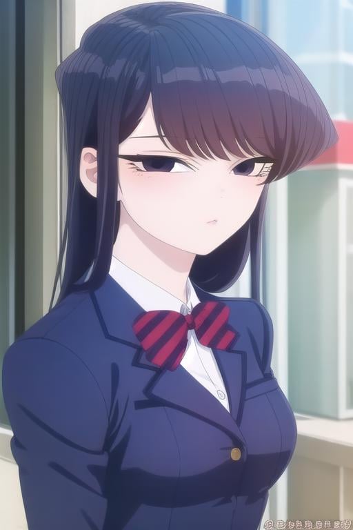 ((masterpiece)),(best quality),official art,extremely delicate and beautiful,extremely detailed CG,unity 8k wallpaper,ultra detailed,beautiful detailed eyes,extremely detailed face,outdoors,1girl,solo,upper body,(portrait:1.5),looking at viewer,facing viewer,expressionless,Komi Shouko,long hair,black hair,sidelocks,swept bangs,black eyes,school uniform,blue jacket,blazer,collared shirt,white shirt,red bowtie,striped bowtie,diagonal-striped bow,medium breasts,skindentation,long sleeves,red skirt,pleated skirt,striped skirt,black pantyhose,loafers,<lora:Komi Shouko(kcc):2>,