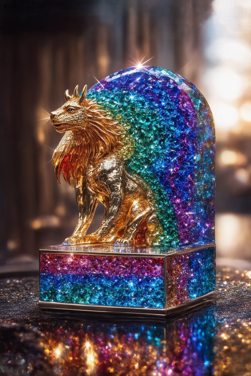 A brilliantly gleaming rainbow gem, intricately carved to resemble a majestic statue of a mythical beast. The gemstone sparkles in a myriad of colors, reflecting light like a prism, while the sculpture itself is a masterpiece of intricate details and fine craftsmanship. This stunning image captures the essence of fantasy and luxury, evoking a sense of wonder and awe in the viewer. The combination of vibrant hues and exquisite artistry make this work of art truly exceptional, making it a captivating piece that stands out among others, FuturEvoLabStyle, 