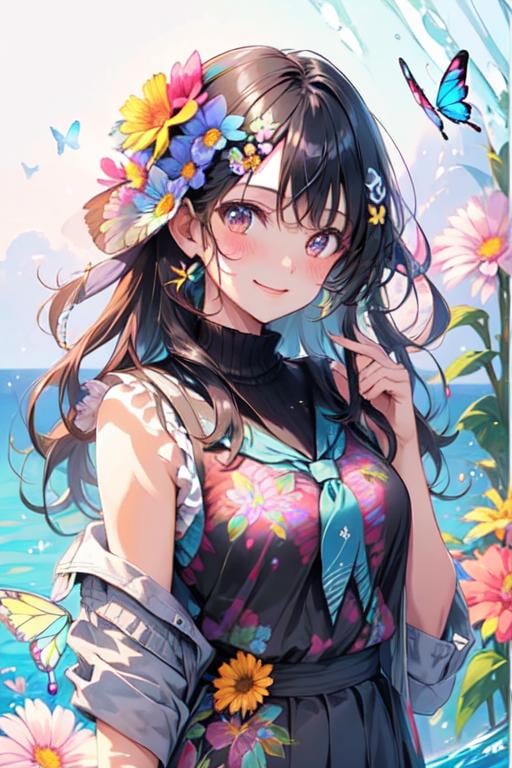 ttcolor,1girl,solo, (masterpiece,best quality),black hair, upper body, large breasts, smile, school uniform, colorful,flower, water drop, butterfly,floating hair,floral print,  <lora:ttcolor_v1:1>