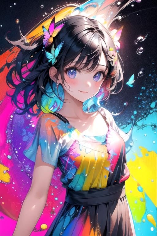 <lora:ttcolor_v1:1>,ttcolor,1girl,solo, (masterpiece,best quality),black hair, upper body, large breasts, smile, school uniform, colorful, water drop, butterfly,floating hair:1.5,floral print,  in water, from above, colorful water,multicolored background, official art,, (flat color:1.3),(colorful:1.3),original, extremely detailed wallpaper,floating colorful water,