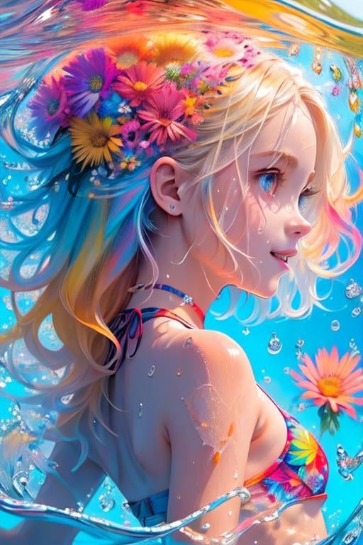 <lora:ttcolor_v1:1>,ttcolor,1girl,solo, (masterpiece,best quality) colorful, water drop, butterfly,floating hair:1.5,floral print, colorful water,multicolored background, official art, blonde hair, short hair, evil smile, from below, bikini, in water,, (flat color:1.3),(colorful:1.3),original, extremely detailed wallpaper,floating colorful water,