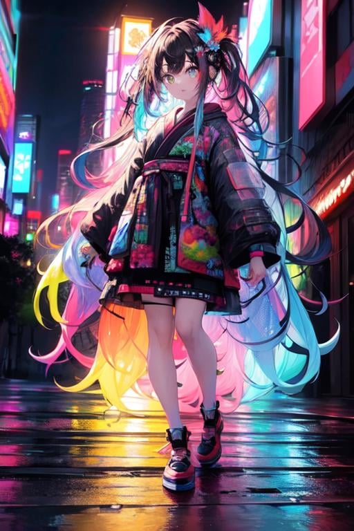 <lora:ttcolor_v1:0.9>,ttcolor,1girl,solo, (masterpiece,best quality), colorful,bubble,floating hair:1.5, official art, night,neon lights, neon trim, city,neon palette, city lights, cyberpunk,backlighting, kimono, black hair, looking at viewer, full body, standing, on ground,, (flat color:1.3),(colorful:1.3),original, extremely detailed wallpaper,floating colorful water,