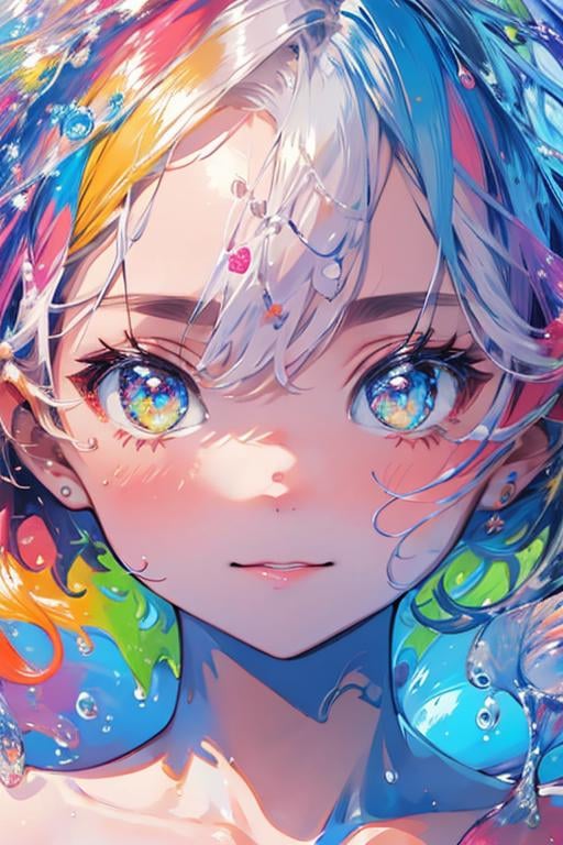 <lora:ttcolor_v1:1>,ttcolor,1girl,solo, (masterpiece,best quality), colorful, water drop,bubble,floating hair:1.5,floral print, multicolored background, official art,portrait, close-up, extreme close-up view, looking at viewer,, (flat color:1.3),(colorful:1.3),original, extremely detailed wallpaper,floating colorful water,