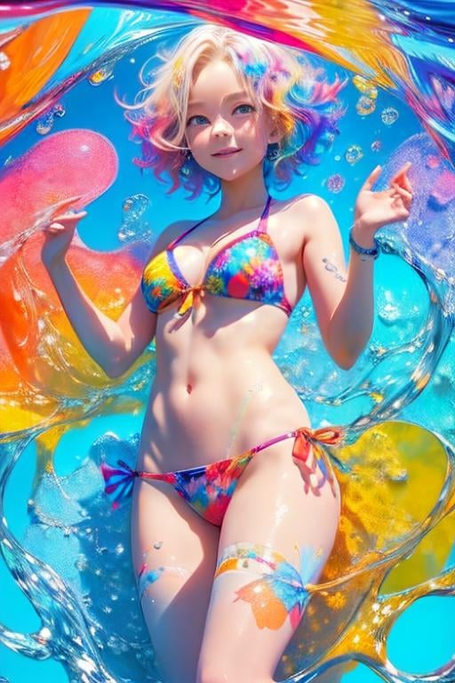 <lora:ttcolor_v1:1>,ttcolor,1girl,solo, (masterpiece,best quality) colorful, water drop,bubble, butterfly,floating hair:1.5,floral print, colorful water,multicolored background, official art, blonde hair, short hair, evil smile, from below, bikini, in water, drop shadow,, (flat color:1.3),(colorful:1.3),original, extremely detailed wallpaper,floating colorful water,