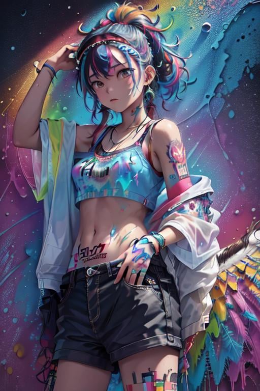 ttcolor,(masterpiece,best quality,official art),1girl, solo,<lora:ttcolor_v2:1>,colorful, multicolored background,graffiti,tattoo, water, water drop, bubble, feathers, floating hair, floral print, cowboy shot, neon trim, neon lights, cyberpunk, 