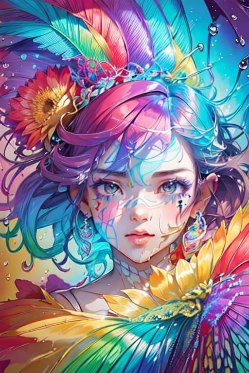 ttcolor,(masterpiece,best quality,official art),1girl, solo,<lora:ttcolor_v2:1>,colorful, multicolored background, butterfly, water, water drop, bubble, feathers, floating hair, floral print, portrait,close-up,  extreme close-up view, Highly detailed, Professional, looking at viewer,eye focus,noise, shadow, eyeshadow, 