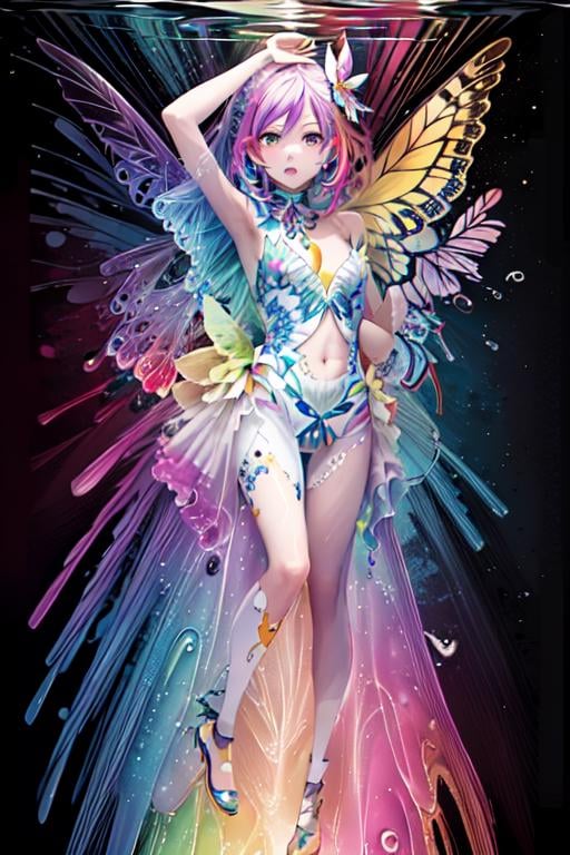 ttcolor,(masterpiece,best quality,official art),1girl, solo,<lora:ttcolor_v2:0.9>,colorful,butterfly,water drop,bubble,colored skin,multicolored background,floating hair,flower,  <lora:maidool_style:0.6>