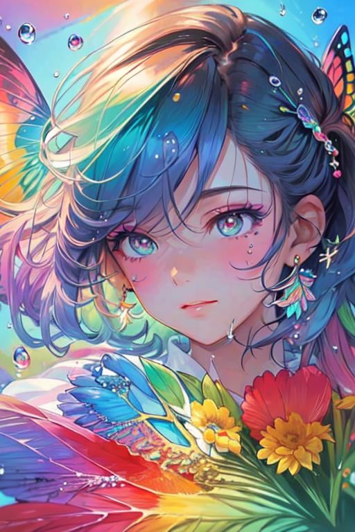 ttcolor,(masterpiece,best quality,official art),1girl, solo,<lora:ttcolor_v2:1>,colorful, multicolored background, butterfly, water, water drop, bubble, feathers, floating hair, floral print, portrait,close-up,  extreme close-up view, Highly detailed, Professional, looking at viewer,eye focus,noise, shadow, eyeshadow, 